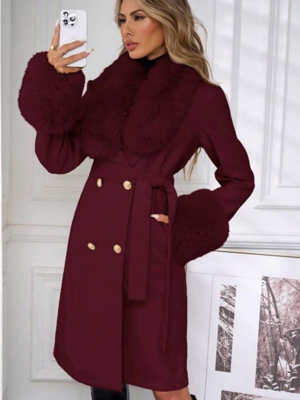 New - Women's Faux-Fur Trim Burgundy Coat